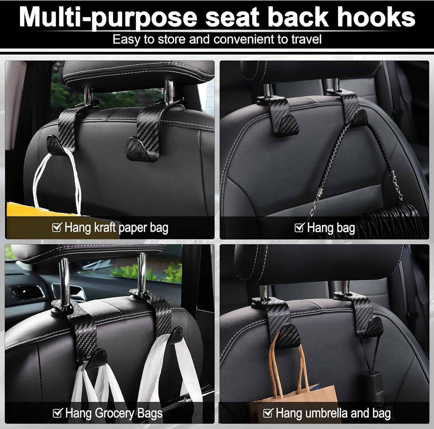 Car Purse Hook Headrest Hook for Car 4 Pack Universal Auto Seat Organizer Carbon