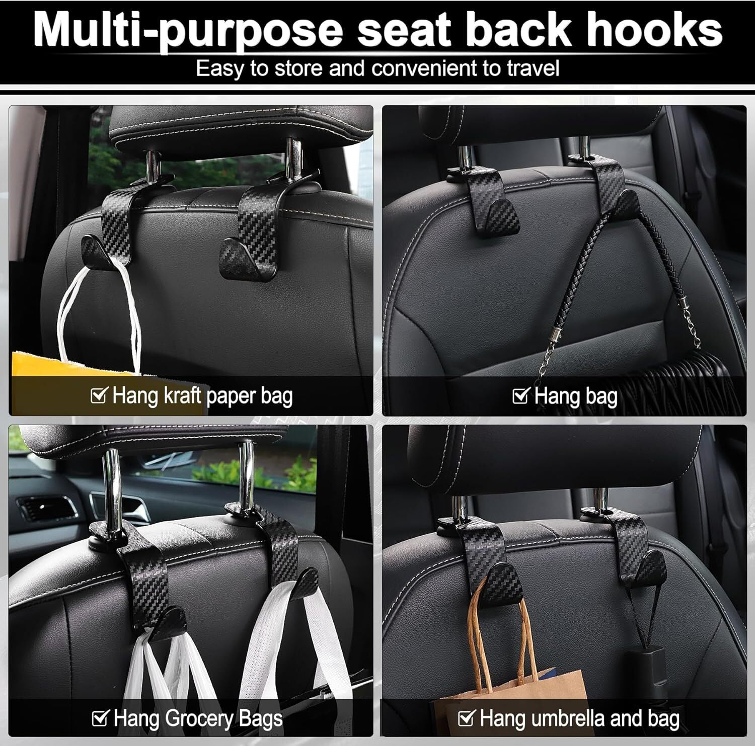 Car Purse Hook Headrest Hook for Car 4 Pack Universal Auto Seat Organizer Carbon