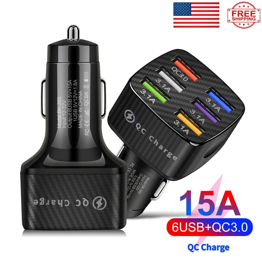 6 Port USB Phone Charger Adapter Fast Charging QC3.0 LED Display Car Accessories