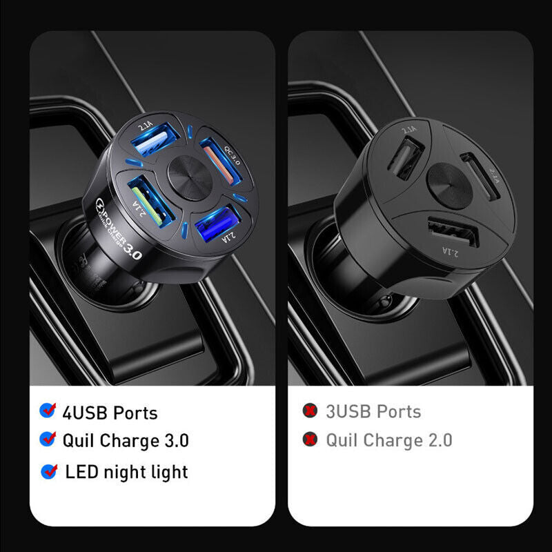 4Port USB Phone Car Charger Adapter QC 3.0 Fast Charging Accessories LED Display