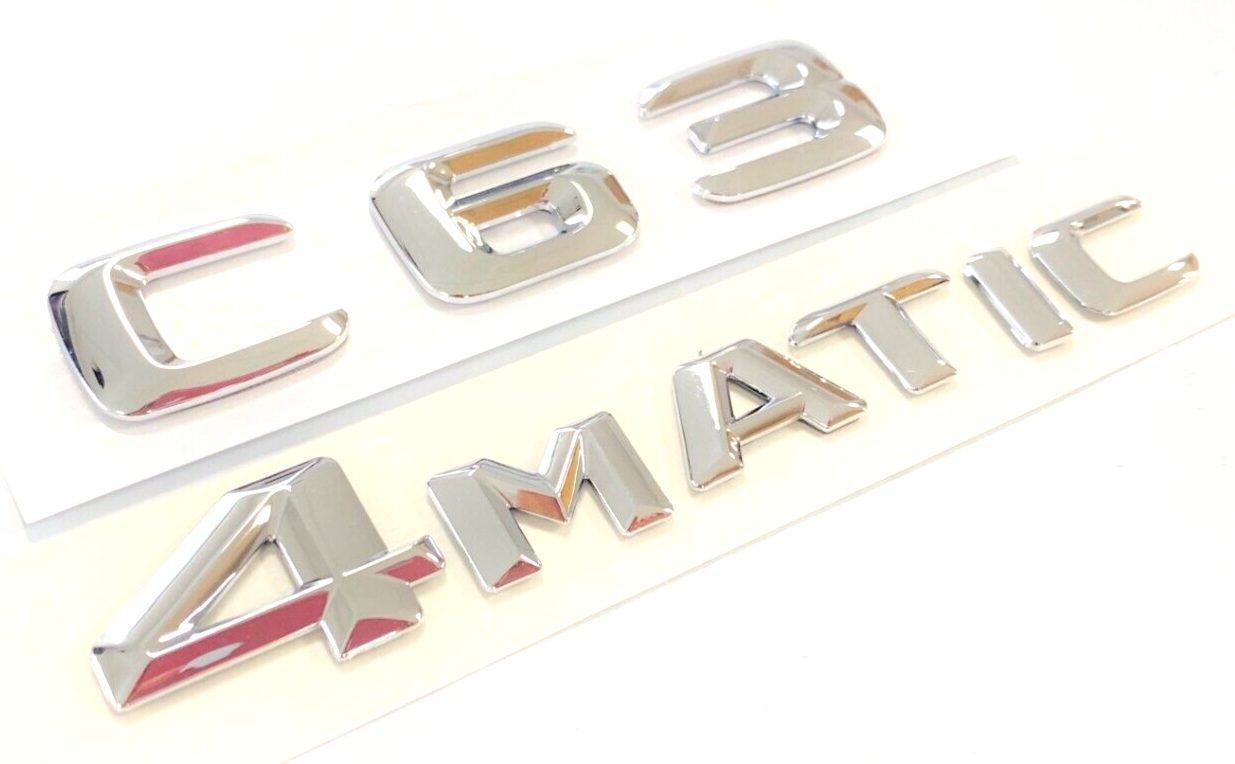 2x CHROME C63 + 4MATIC FOR MERCEDES C63 REAR TRUNK NAMEPLATE EMBLEM BADGE DECAL