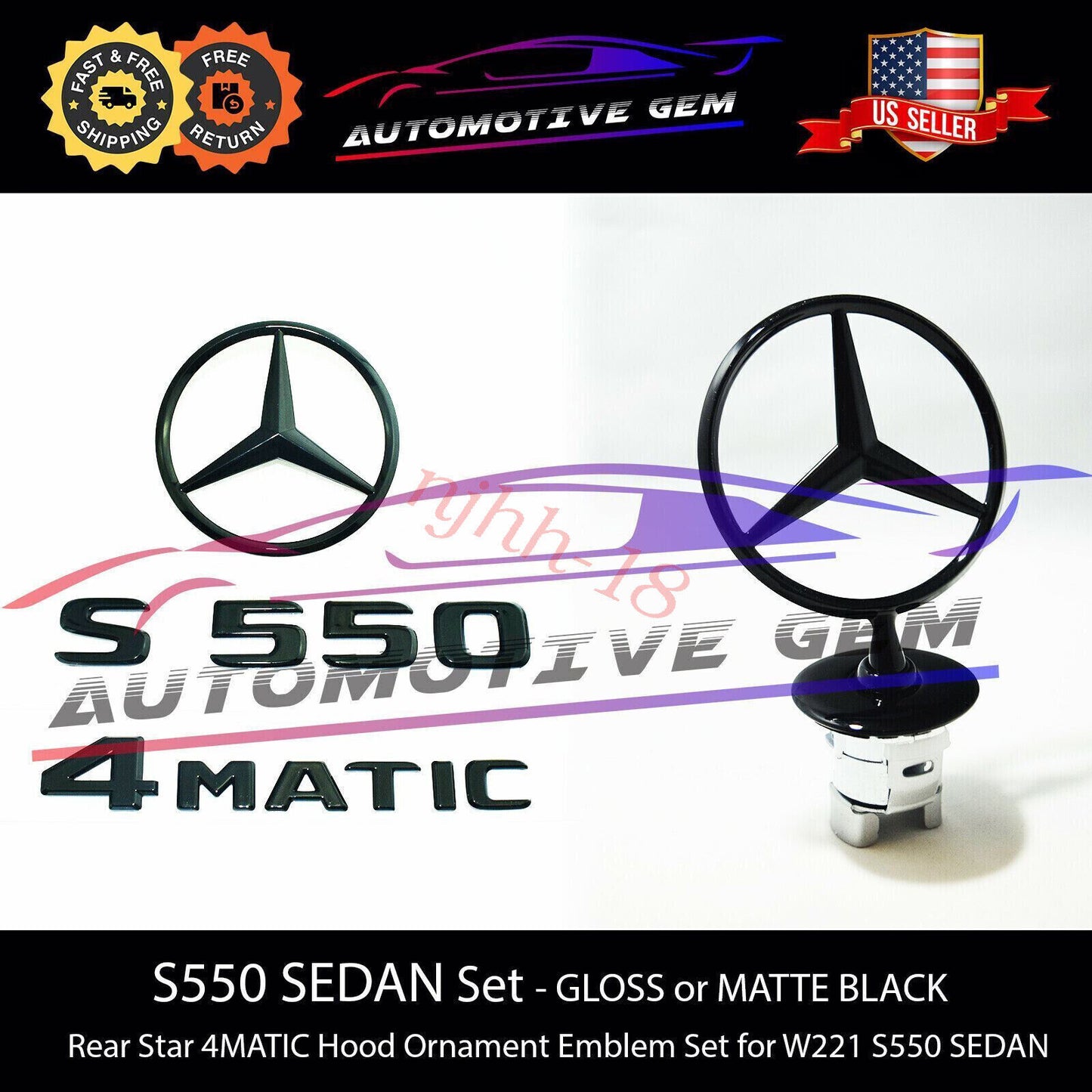 S550 4MATIC Rear Star Emblem Black Badge Logo Hood Ornament W221 Sedan