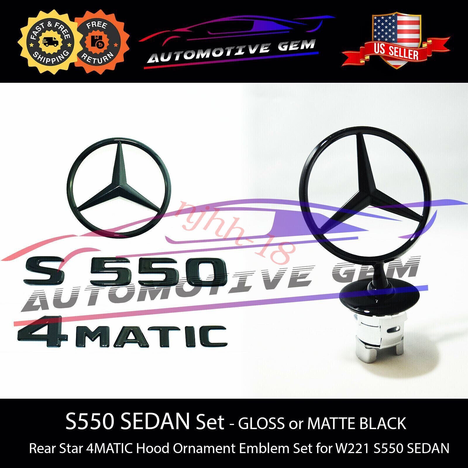 S550 4MATIC Rear Star Emblem Black Badge Logo Hood Ornament W221 Sedan