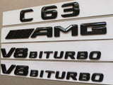 GLOSS BLACK FOR MERCEDES C CLASS C63 AMG REAR BADGES & V8 BITURBO EMBLEMS