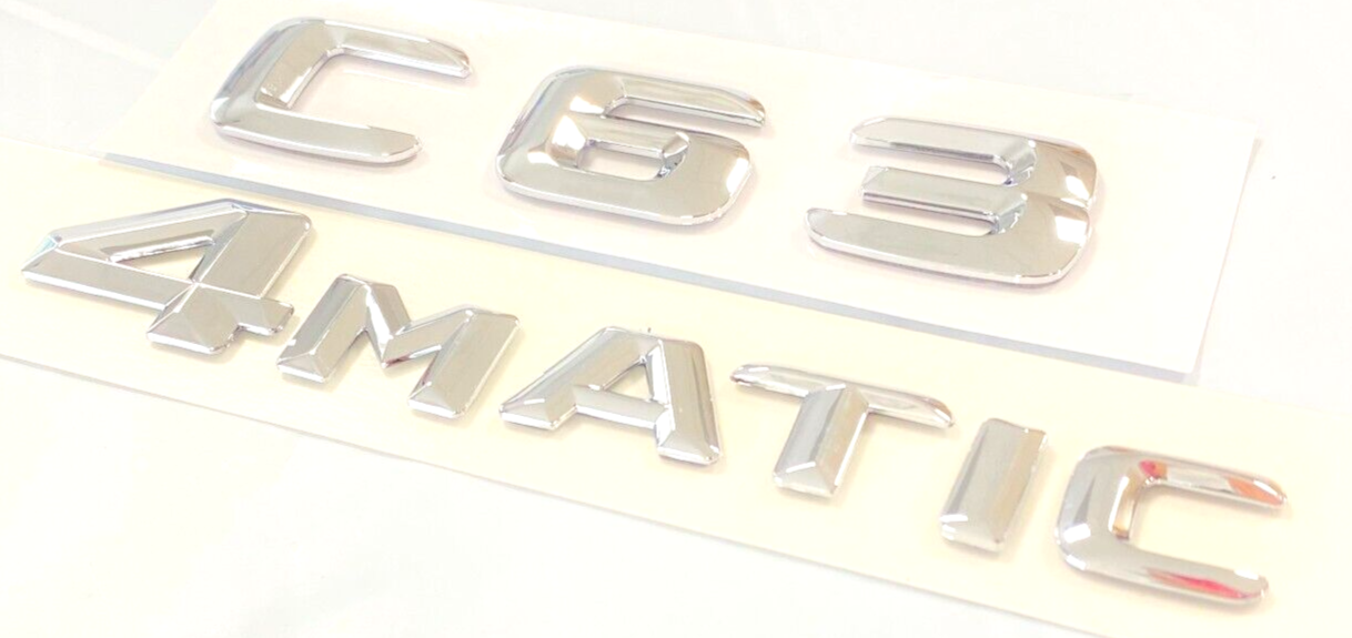 2x CHROME C63 + 4MATIC FOR MERCEDES C63 REAR TRUNK NAMEPLATE EMBLEM BADGE DECAL