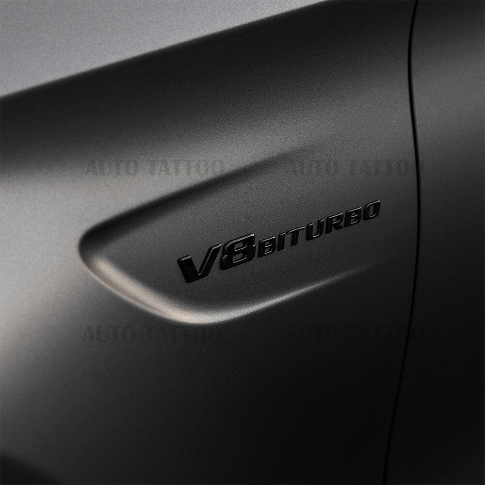 2x 17+ V8 BITURBO AMG Logo Side Fender Marker Nameplate Emblem Badge Matte Black