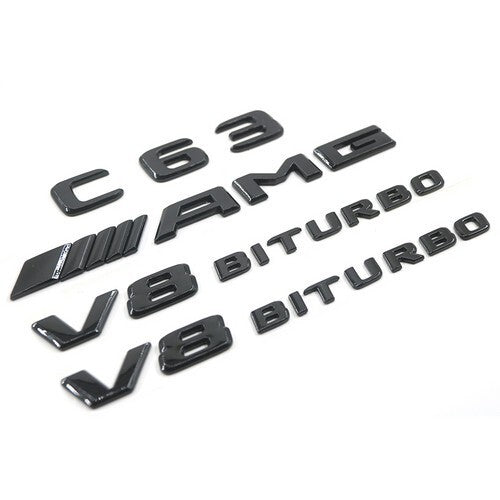 Gloss Black C63 AMG V8 BITURBO Rear Trunk Emblem Badge Set For Benz W205 C63 AMG
