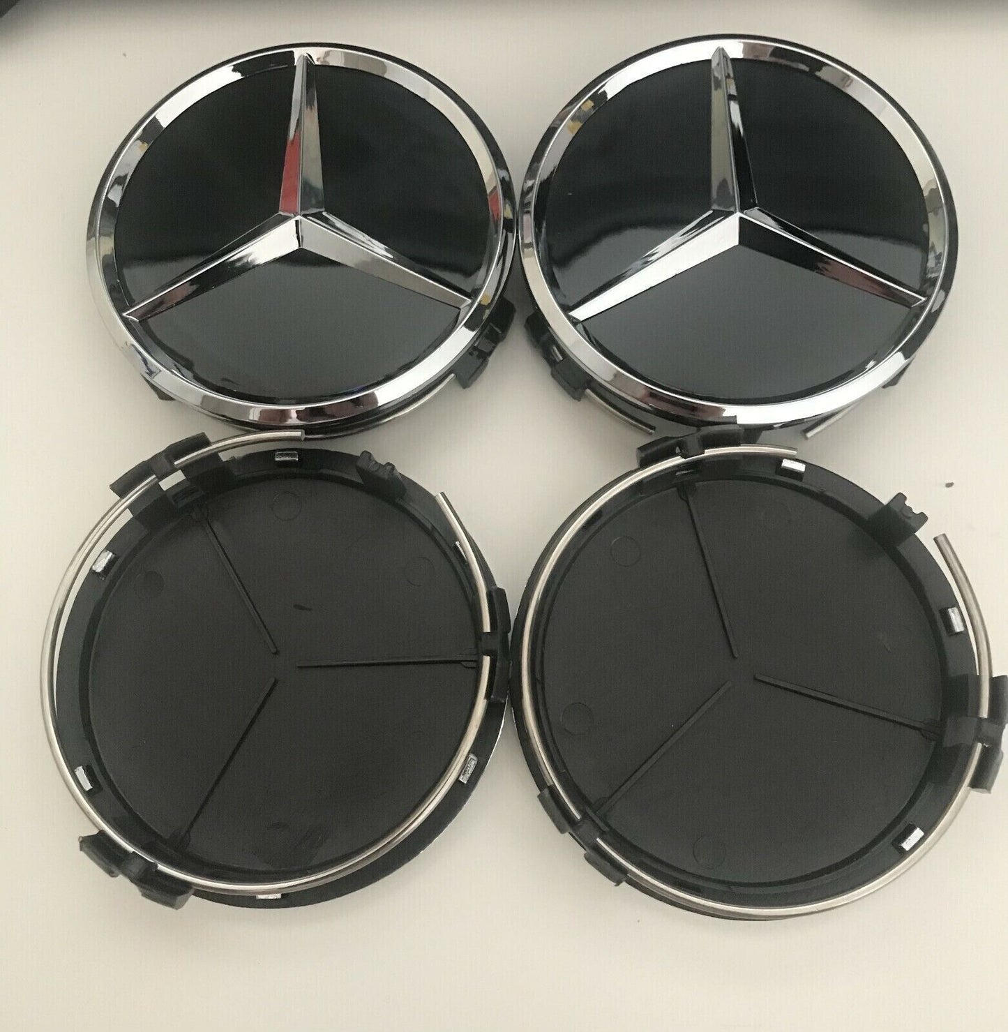 LOT 4 Hub Cover 75mm GLOSSY BLACK for Mercedes Logo Wheel Center Rim