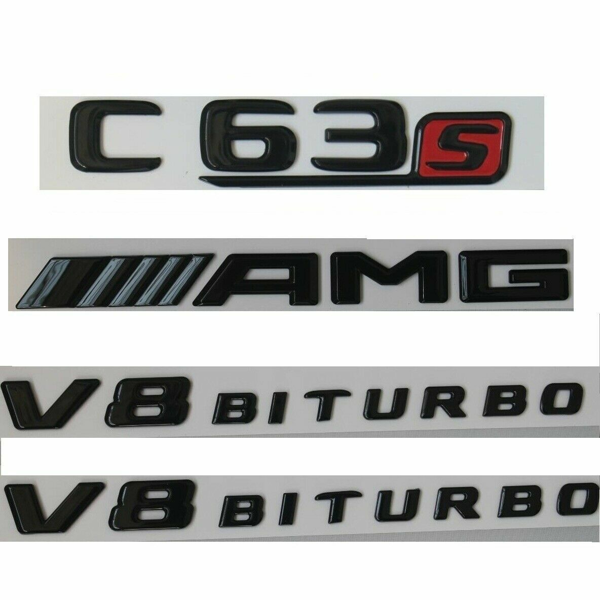 Gloss Black C63s AMG V8 BITURBO Trunk Badges Emblems for Mercedes Benz W205