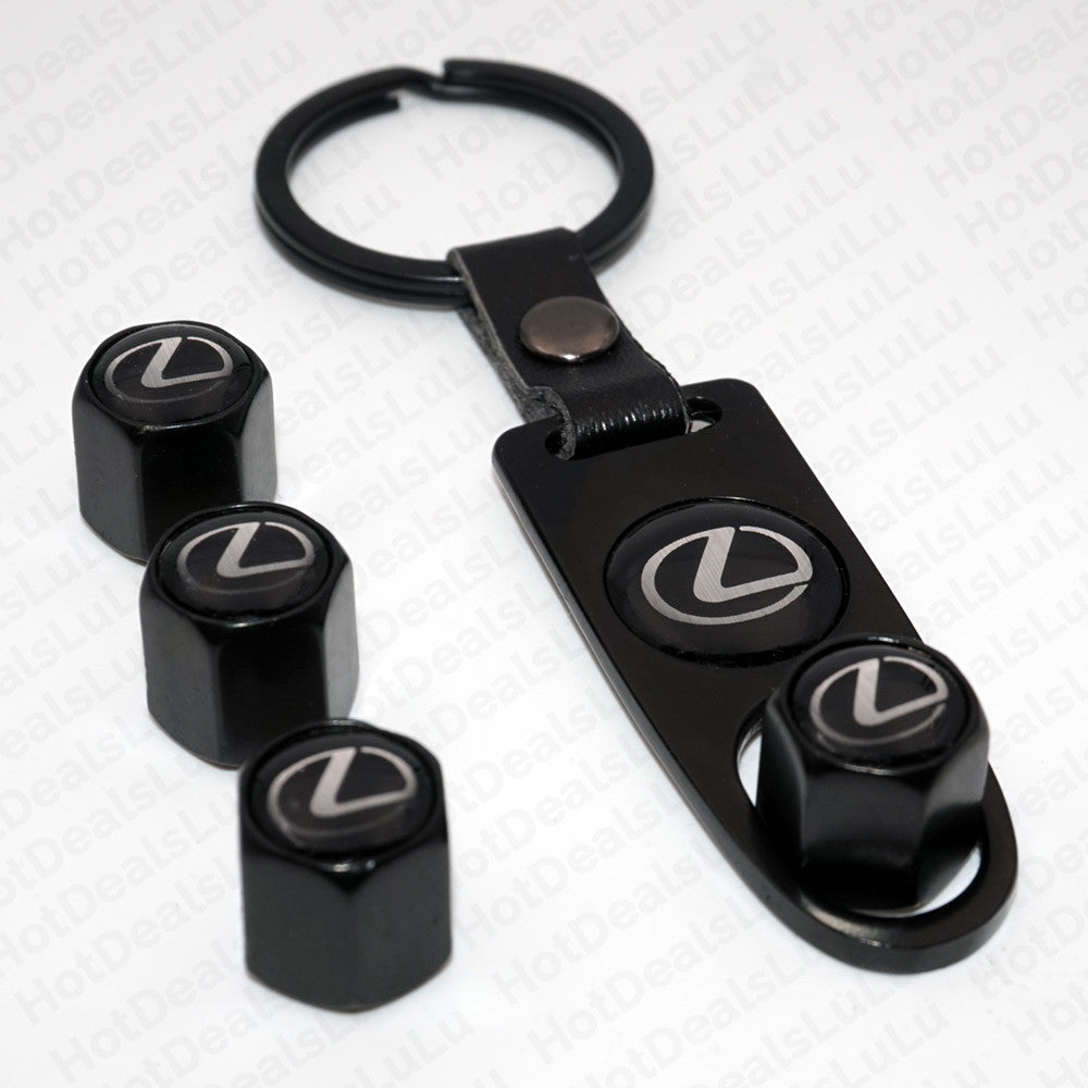 Black Car Wheel Tire Tyre Valve Dust Stems Air Caps Keychain With Lexus Emblem
