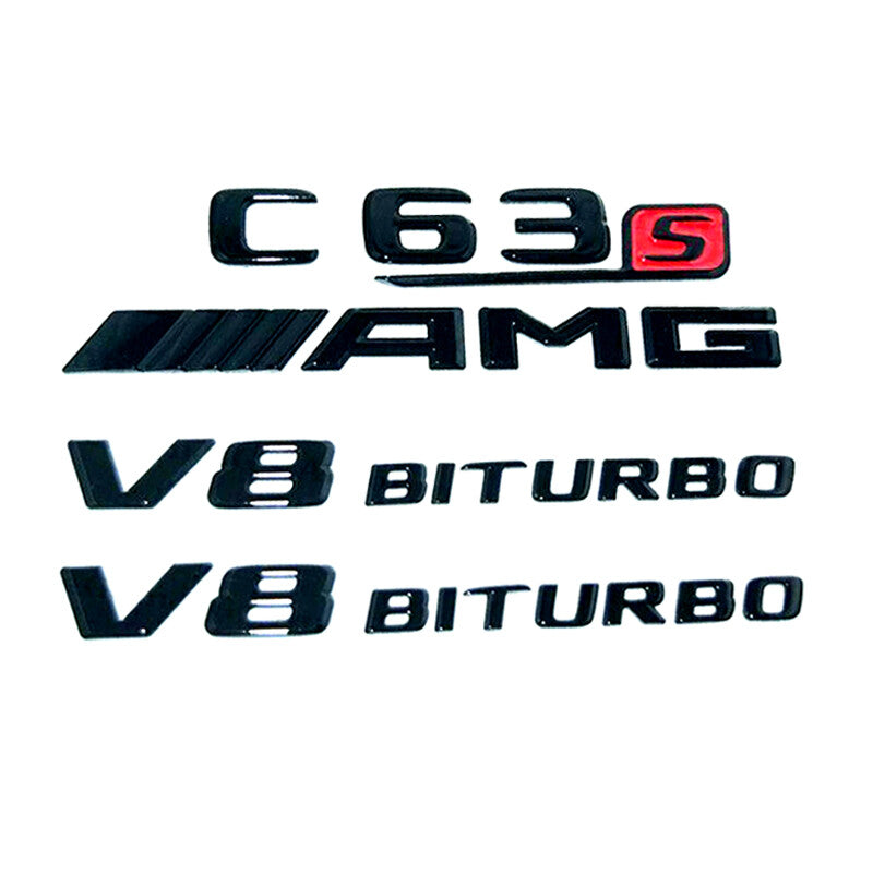 GLOSS BLACK MERCEDES C CLASS C63S AMG V8 BITURBO W205 C205 S205 BADGES EMBLEMS.