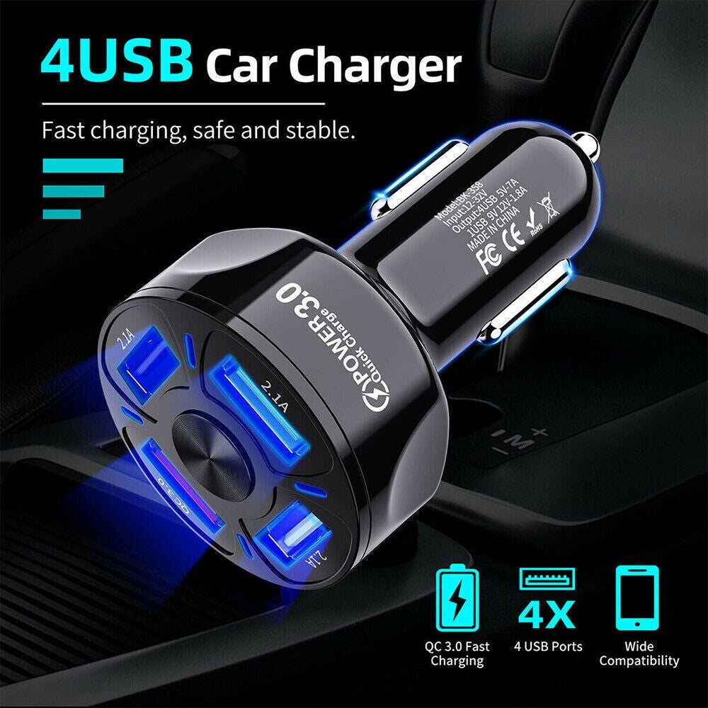 4Port USB Phone Car Charger Adapter LED Display QC 3.0 Fast Charging Accessories