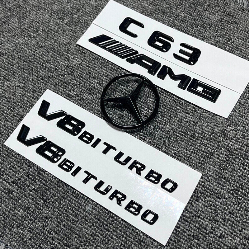 GLOSS BLACK REAR BADGES EMBLEMS FOR MERCEDES C CLASS W204 C63 SALOON COUPE 08-14