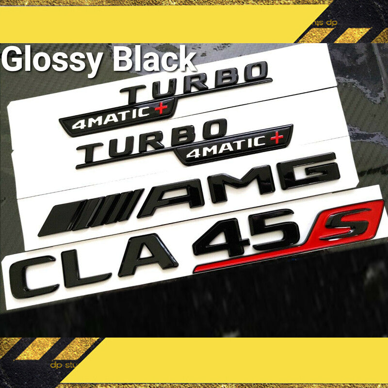 2019+ CLA45 S AMG Emblem TURBO/4matic+ Trunk Fender Badge Glossy Black Set