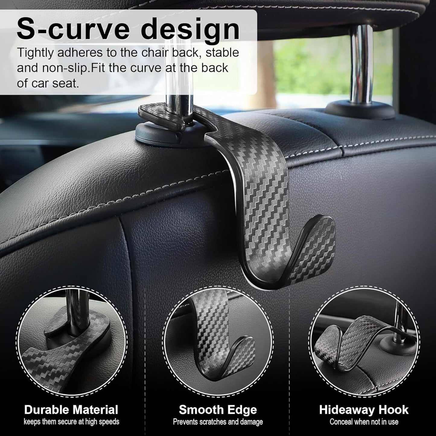 Car Purse Hook Headrest Hook for Car 4 Pack Universal Auto Seat Organizer Carbon