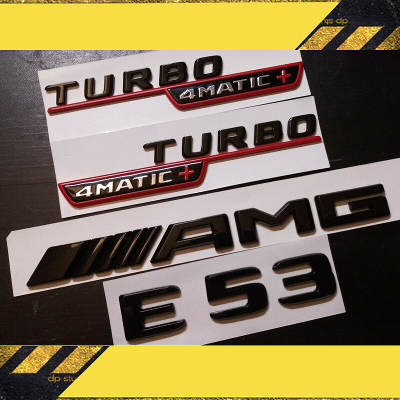 2019+ E53 Coupe AMG Emblem TURBO 4MATIC+ Fender Rear Trunk Badge Gloss Black Set