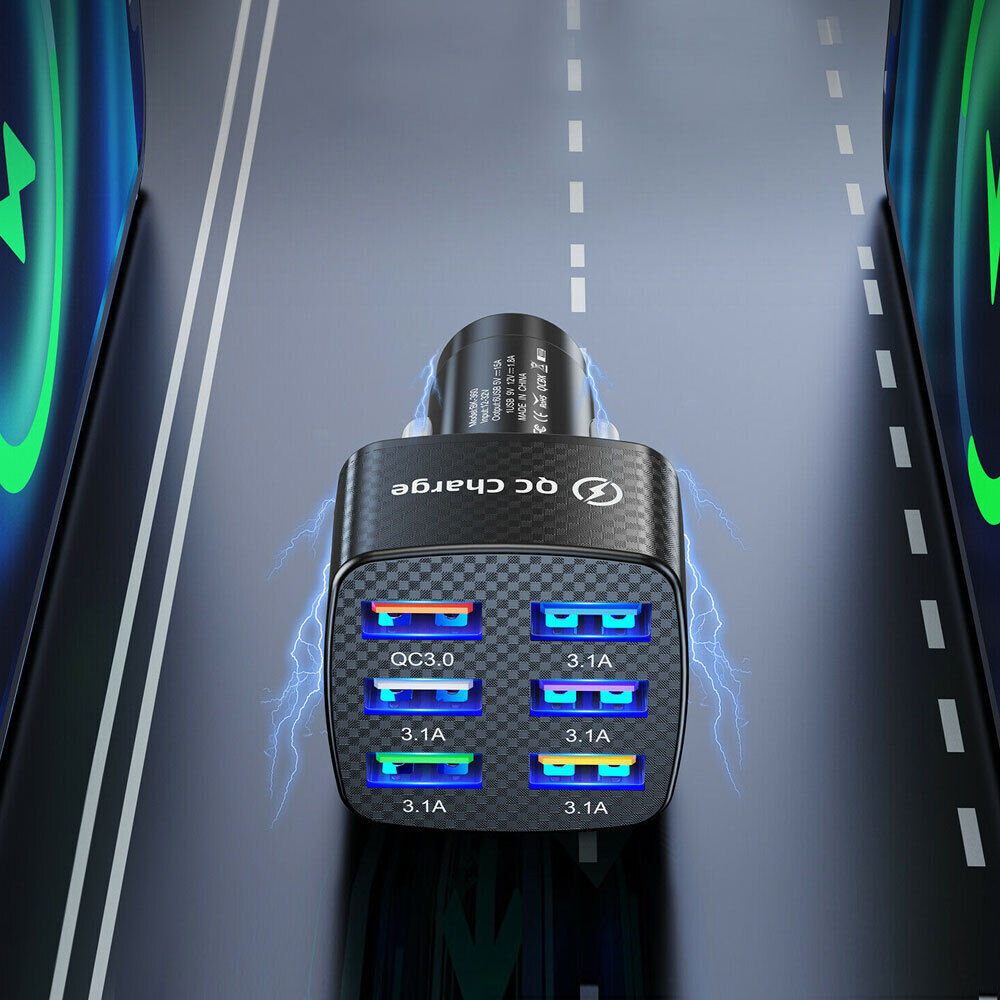 6 Port USB Phone Charger Adapter Fast Charging QC3.0 LED Display Car Accessories
