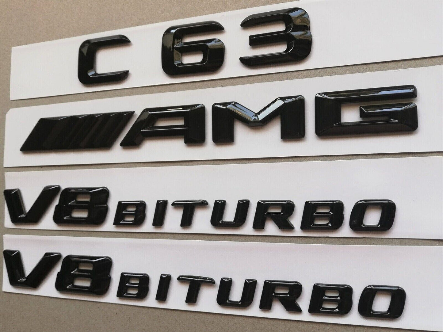 GLOSS BLACK FOR MERCEDES C CLASS C63 AMG REAR BADGES & V8 BITURBO EMBLEMS