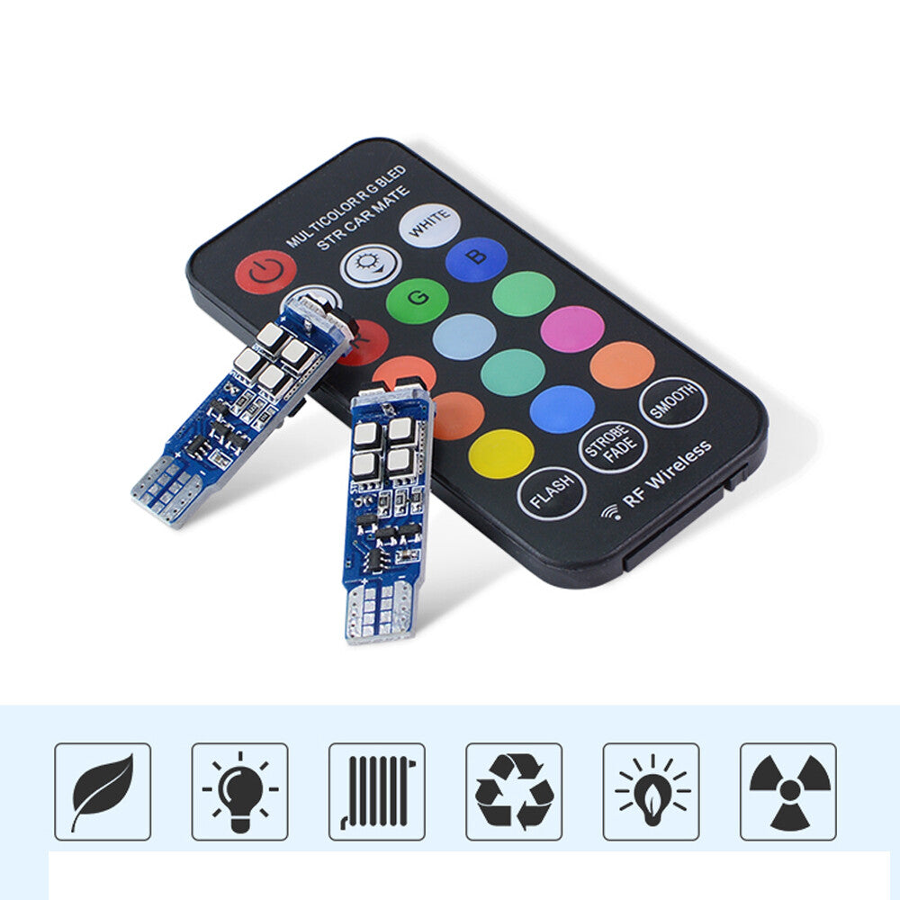 1 Set 168 194 T10 Car Parking Lights RGB LED Bulbs w/RF Remote Control Universal