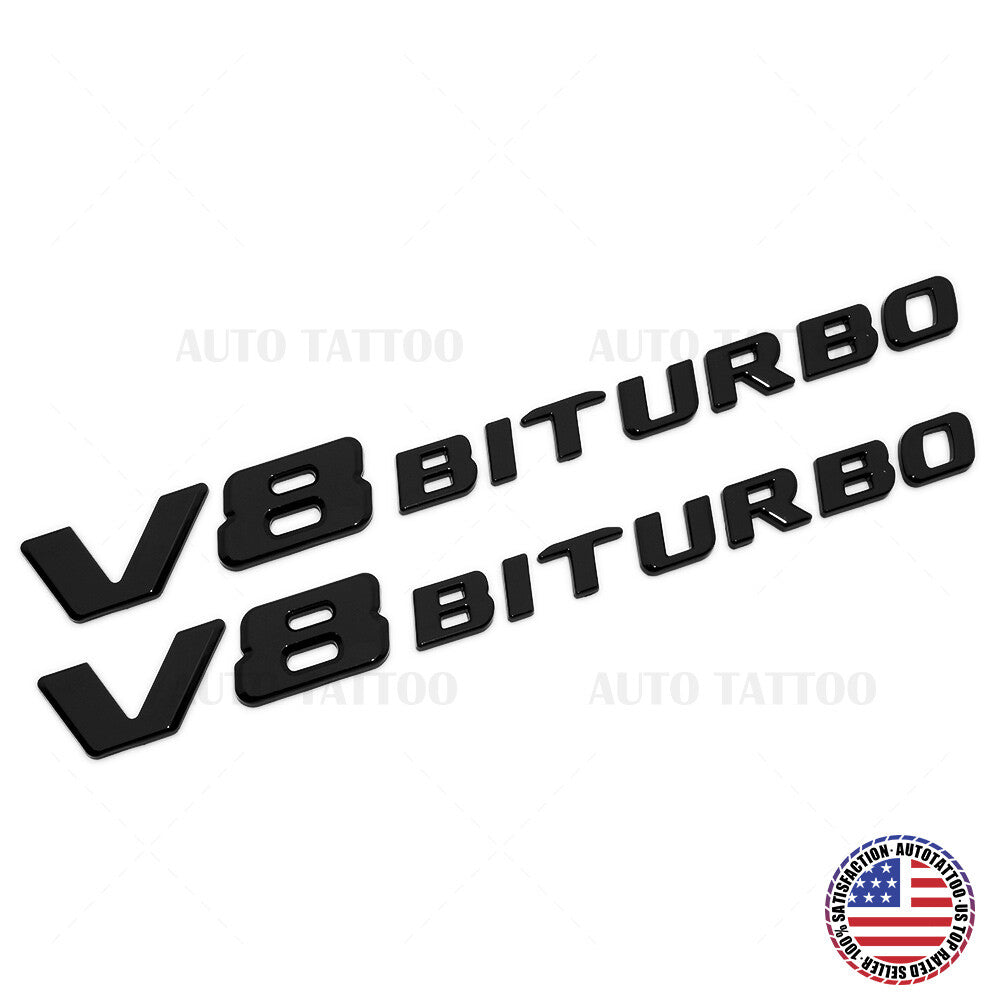 2x 17+ V8 BITURBO AMG Logo Side Fender Marker Nameplate Emblem Badge Gloss Black