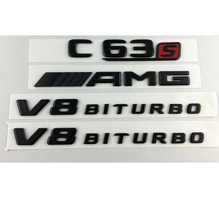 matte Black C63s AMG V8 BITURBO Trunk Fender Emblems Badges for Mercedes W205