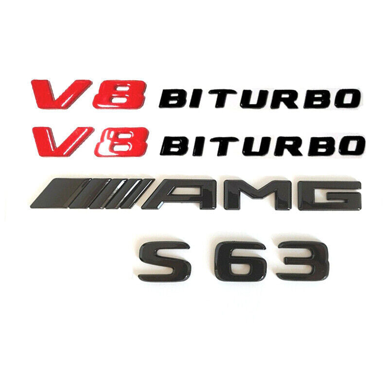 Mercedes Benz S63 + V8 BITURBO + AMG Badge Glossy Red Black Trunk Emblem New