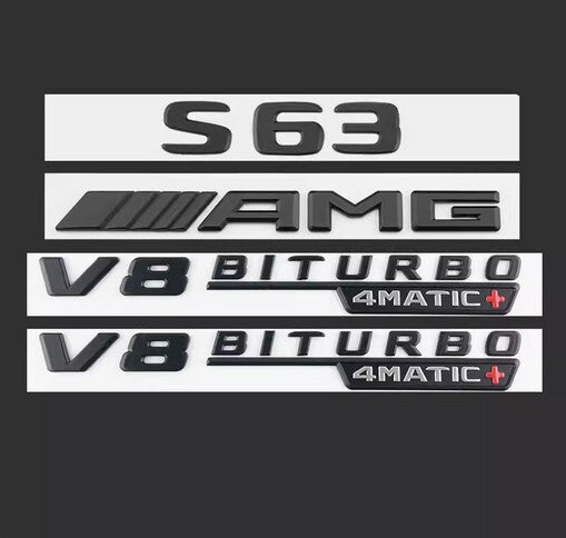 Matte Black S63 AMG V8 BITURBO 4MATIC+ Trunk Fender Badges Emblems for Mercedes
