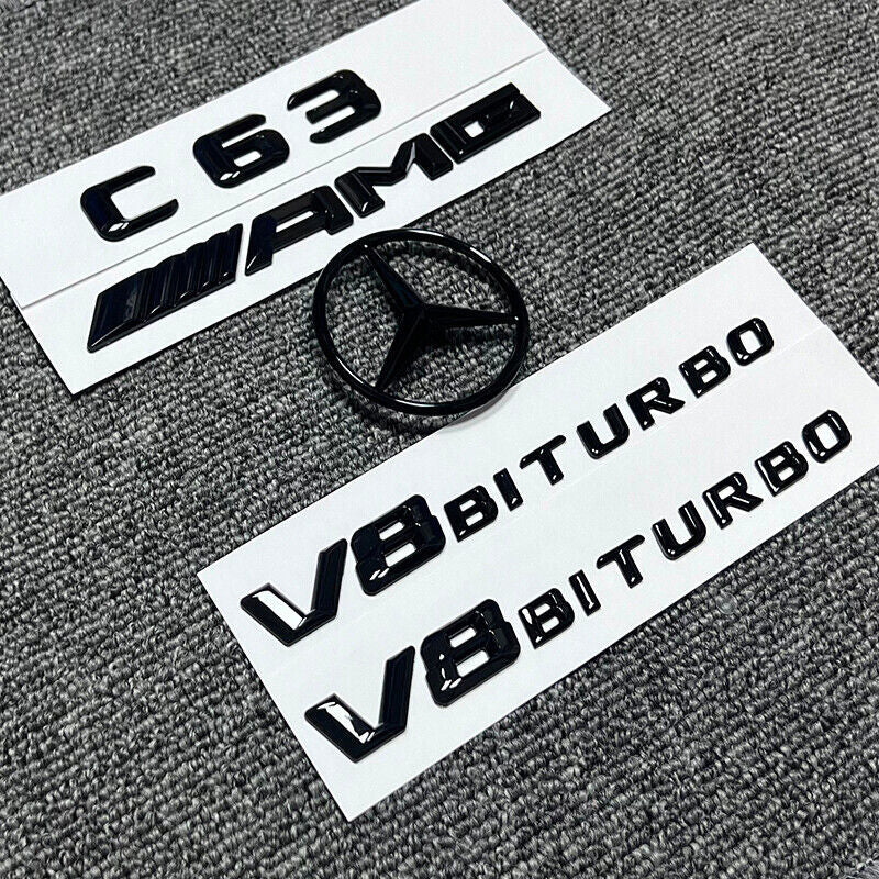GLOSS BLACK REAR BADGES EMBLEMS FOR MERCEDES C CLASS W204 C63 SALOON COUPE 08-14
