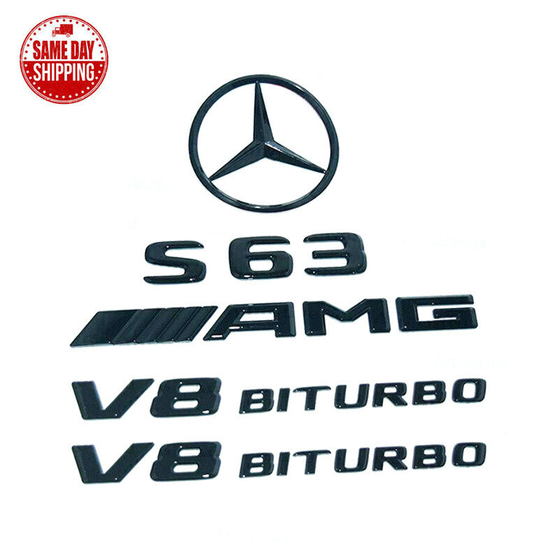 S63 Sedan AMG V8 BITURBO Rear Star Emblem Black Badge Combo Set for W222 2014-20