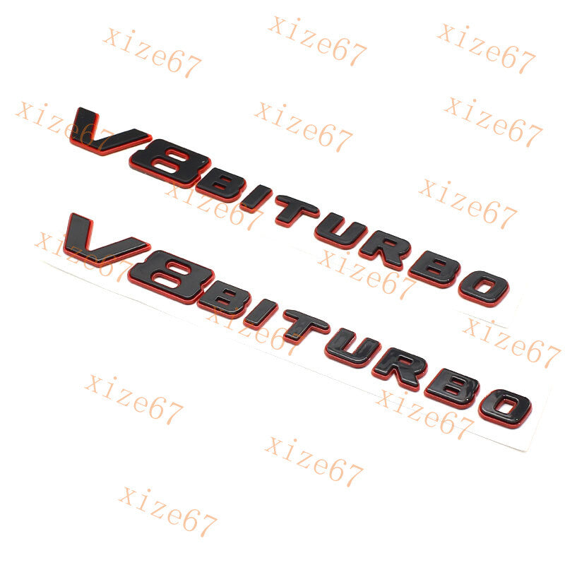 2pcs Glossy Black Red V8 BITURBO Fender Side AMG Emblem Badge For MB C63 E63 G63