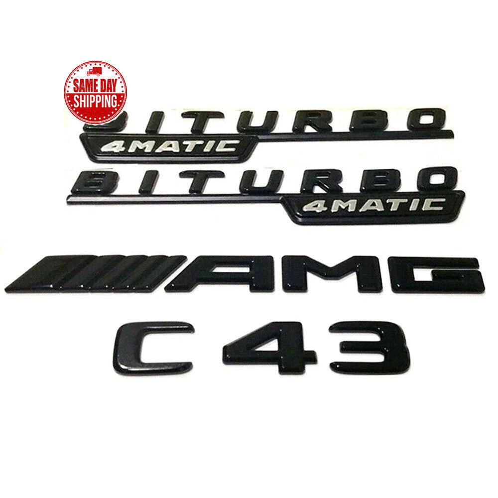 For Mercedes Benz C43 AMG BITURBO 4MATIC Glossy Black Emblem Badge W205 Full Set