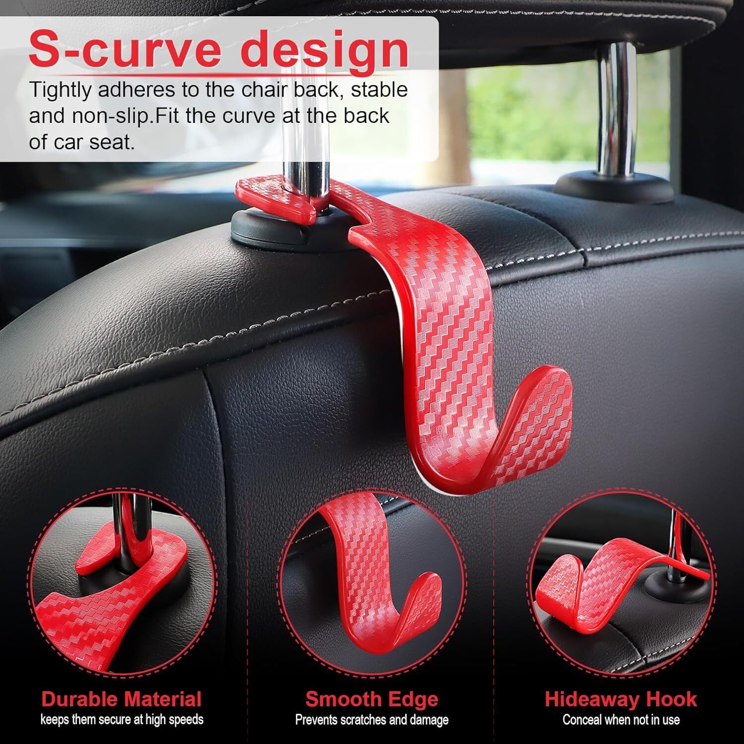 Car Purse Hook Headrest Hook for Car 4 Pack Universal Auto Seat Organizer Red