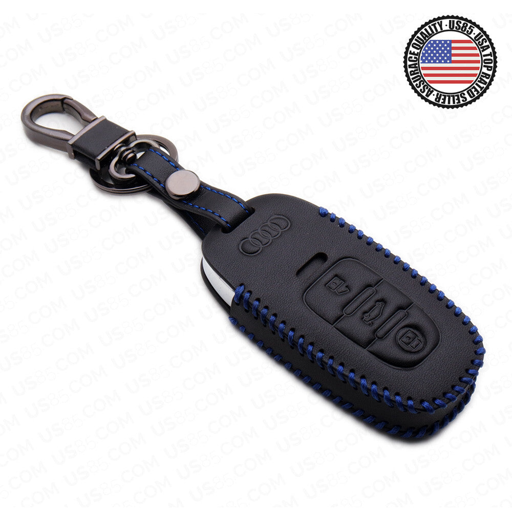 Blue Audi Car Remote Leather Key Fob Case Holder Protect Cover Decoration Gift