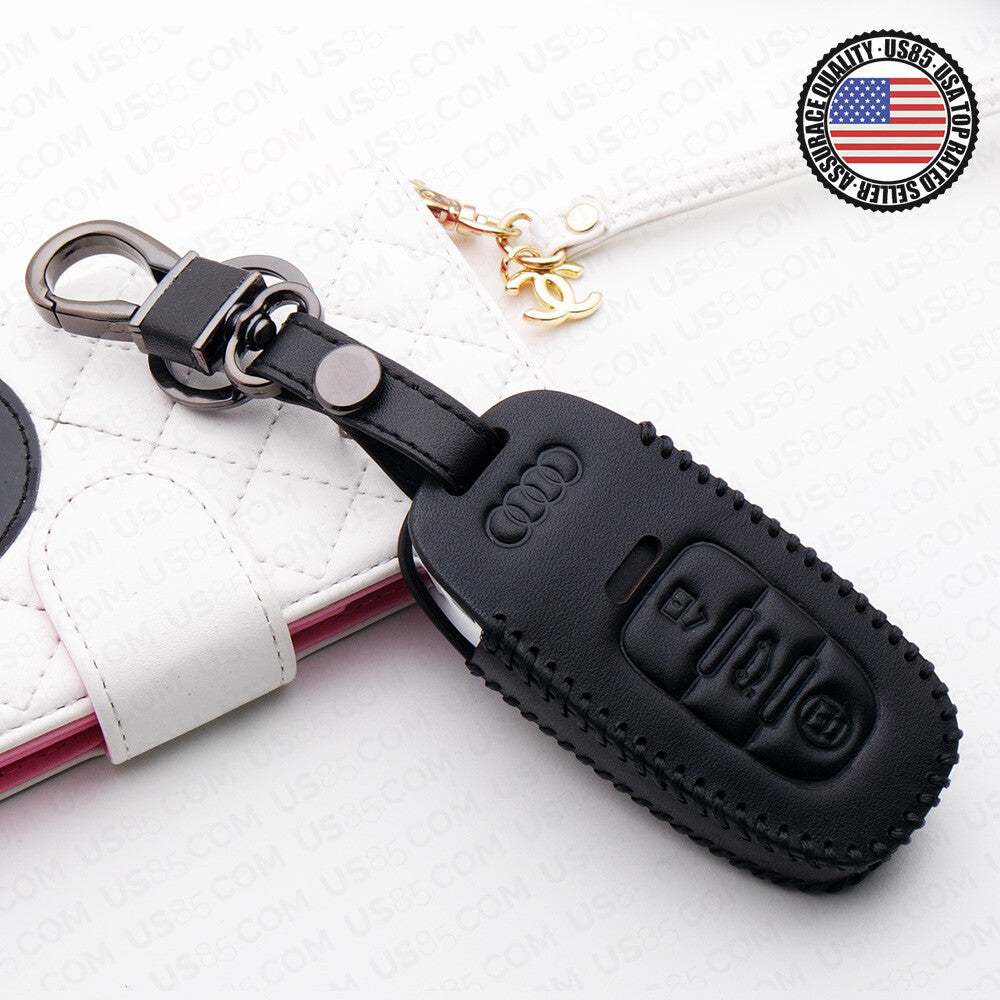 Black Audi Car Remote Leather Key Fob Case Holder Protect Cover Decoration Gift