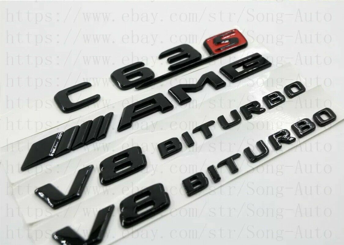 for MERCEDES C-CLASS GLOSS BLACK SET AMG C63 S+V8BITURBO BADGES EMBLEMS STICKER