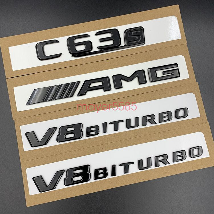 Glossy Black For Mercedes C63S AMG V8 BITURBO Trunk Emblem Badge Sticker Set