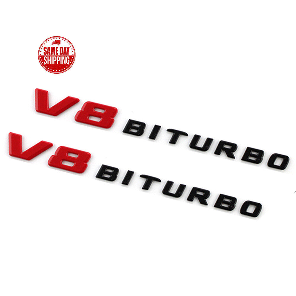 2 X V8 BITURBO Gloss Black/Red Fender BADGE FOR MERCEDES AMG C63 E63 GLC63 GLS63