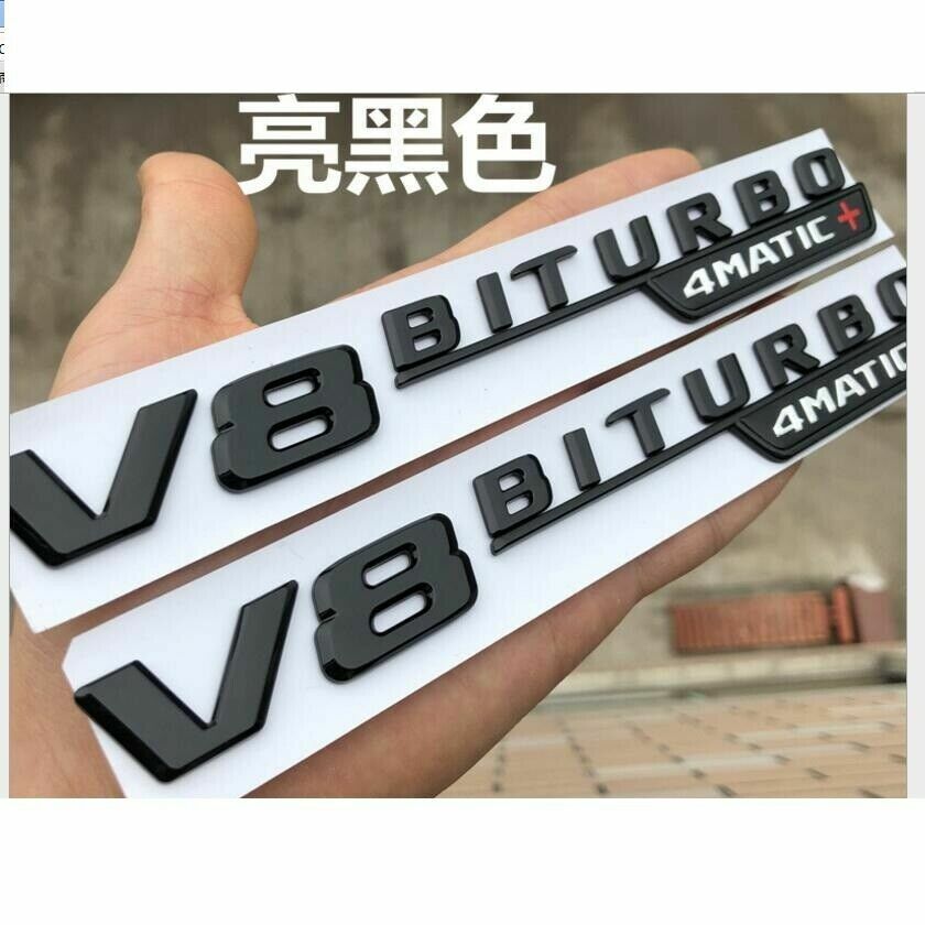 Gloss Black V8 BITURBO 4MATIC+ Fender Emblems Badges for Mercedes Benz AMG