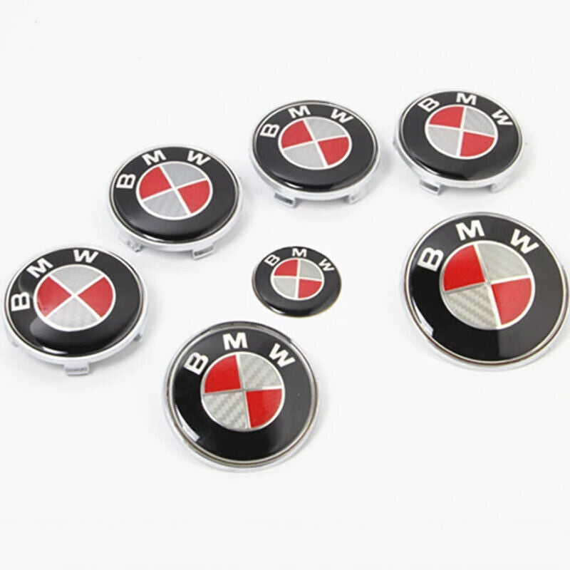 7X For Black  And Red HubCaps Steering Wheel Emblem Badge Set 82+74mm 68mm