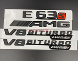 Glossy Black For Mercedes E63s AMG V8 BITURBO 4 MATIC Emblem Badge Sticker Set