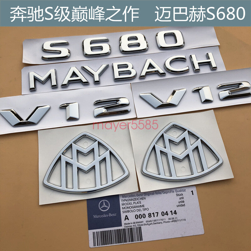 Chrome ABS " S680 + MAYBACH + V12 "  Emblem Auto Front Badge for Mercedes-Benz S