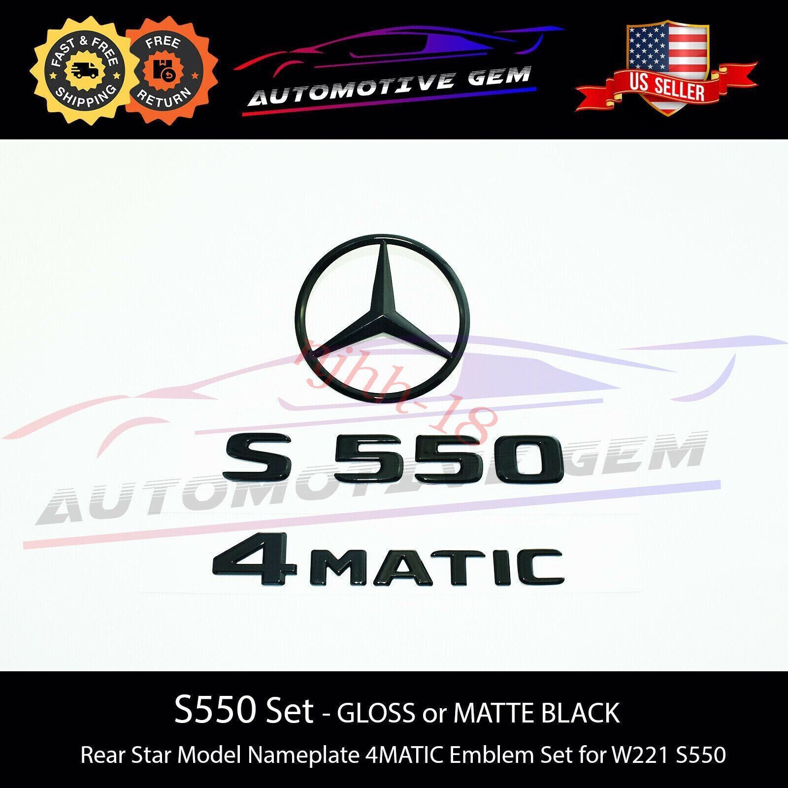 S550 4MATIC Rear Star Emblem Black Badge Logo Hood Ornament W221 Sedan