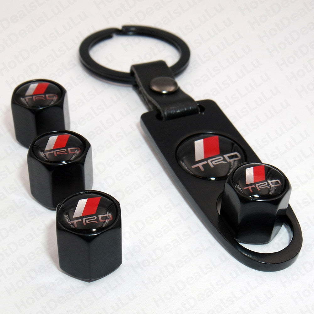 Black CAR Wheel Tyre Tire Valves Dust Stems Air Caps + Keychain With TRD Emblem