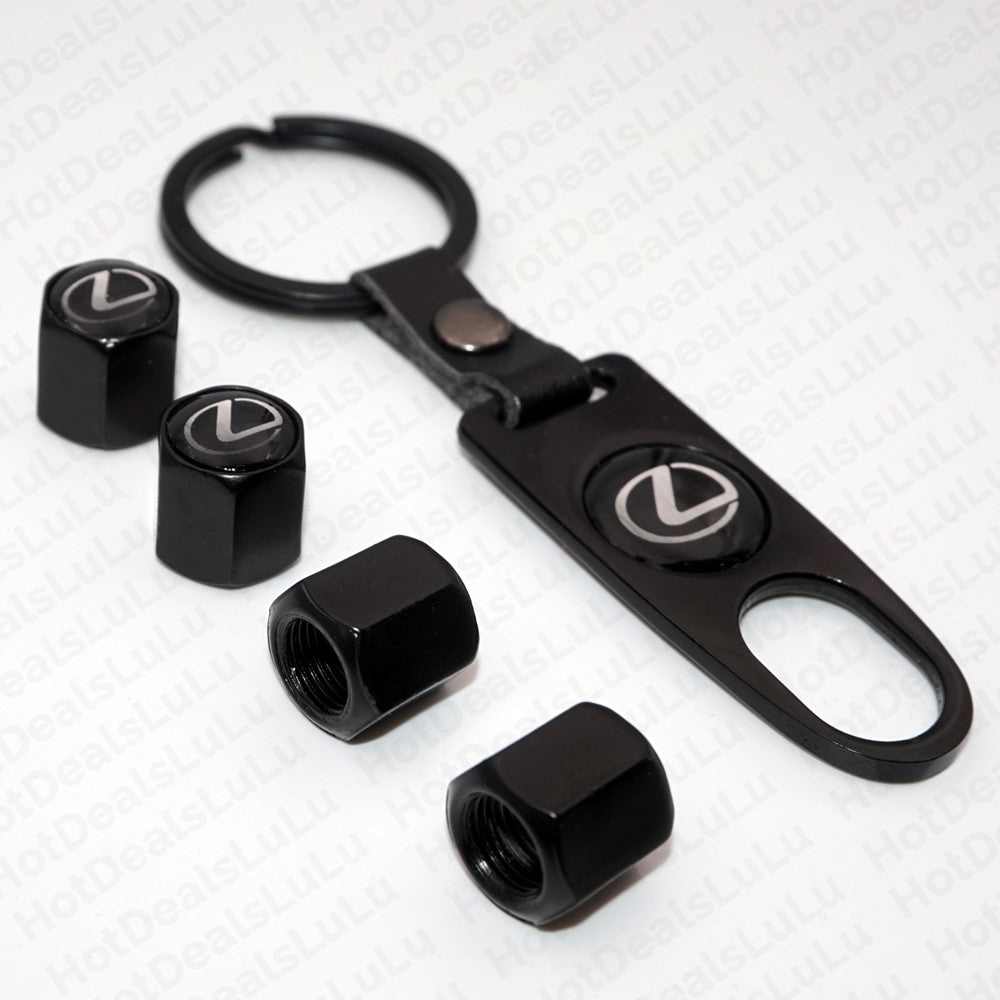 Black Car Wheel Tire Tyre Valve Dust Stems Air Caps Keychain With Lexus Emblem