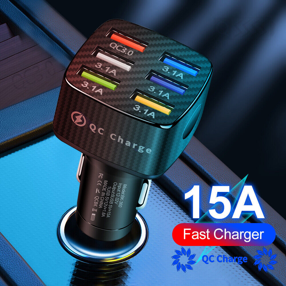 6 Port USB Phone Charger Adapter Fast Charging QC3.0 LED Display Car Accessories