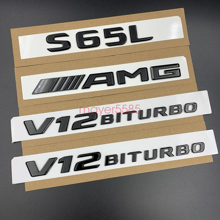 Glossy Black For Mercedes S65L AMG V12 BITURBO Trunk Emblem Badge Sticker Set
