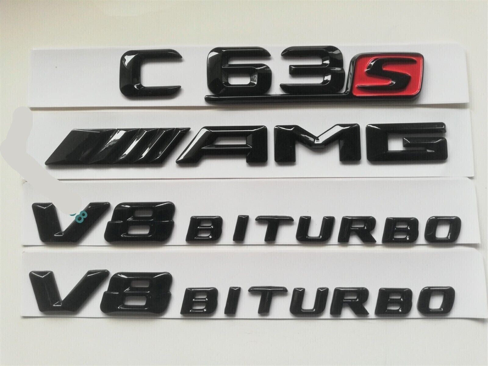 GLOSS BLACK FOR MB C CLASS C63S AM-G V8 BITURBO W205 C205 BADGES EMBLEMS