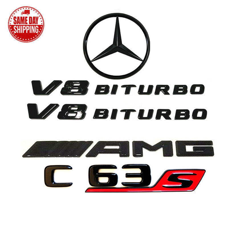 V8 BITURBO Rear Star Emblem Gloss Black Badge For MB W206 C63S SEDAN AMG 2022up