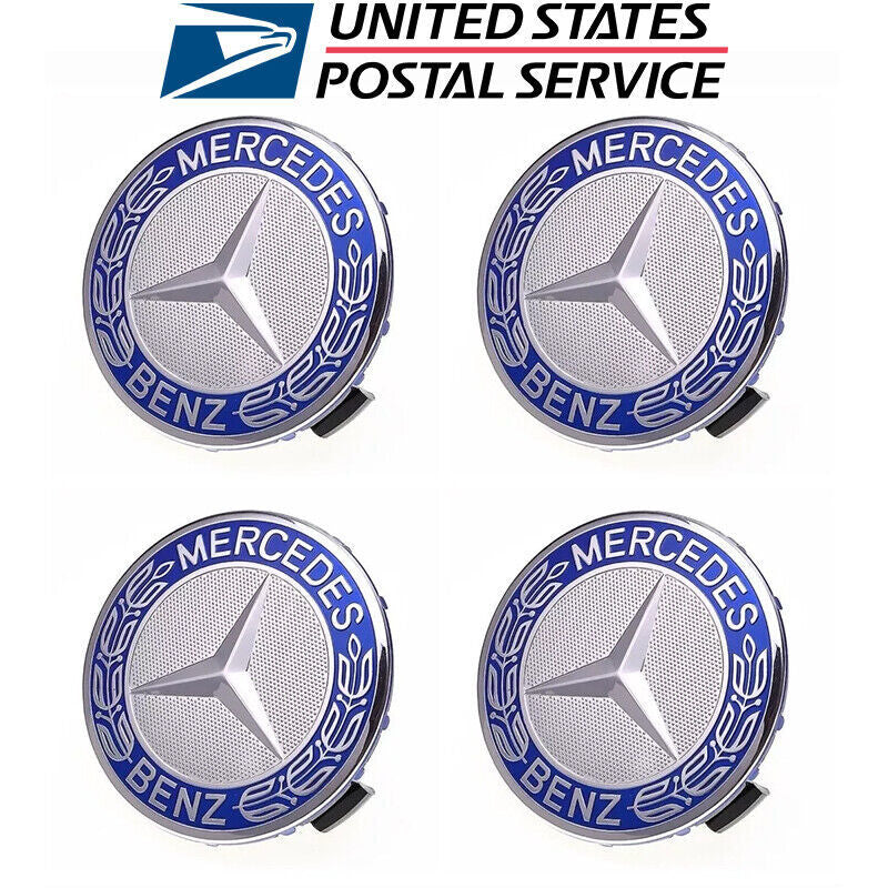 4x For Mercedes-Benz Dark Blue Wheel Center Hubcaps Emblem Rim Cap Set 75mm