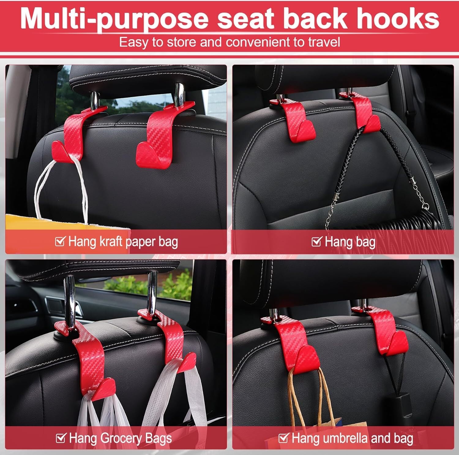 Car Purse Hook Headrest Hook for Car 4 Pack Universal Auto Seat Organizer Red